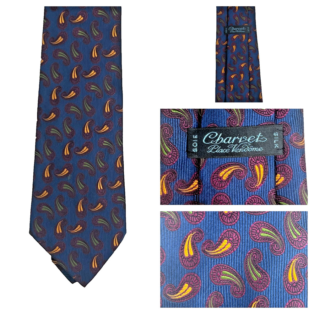 Charvet Place Vendome 100% Silk Men's Necktie Paisley Blue Made in France Satin
